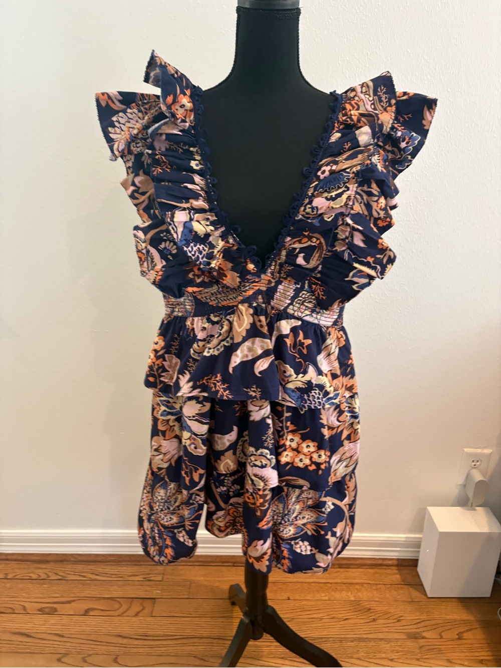 Anthropologie Navy Floral Ruffle Mini Dress